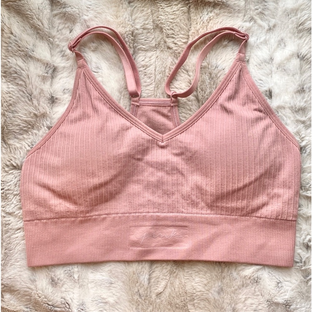 VICTORIAS SECRET PINK SEAMLESS LINED SPORTS BRA RACERBACK PINK S - Picture 3 of 11